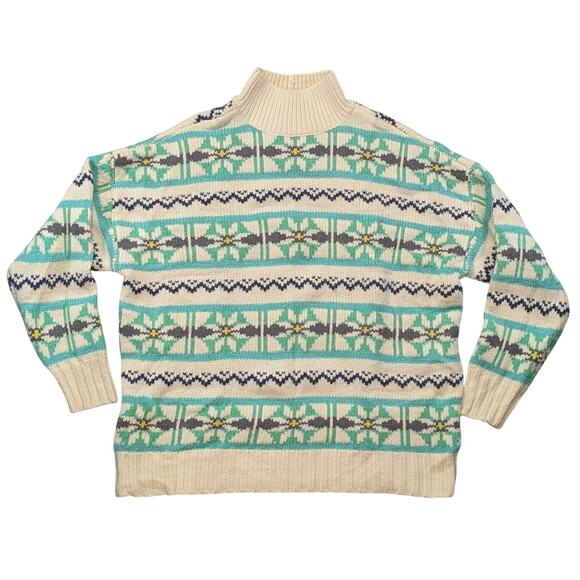 American Eagle Oversized Fair Isle Mock Neck Sweater Green Cream Floral Women S - Picture 2 of 16